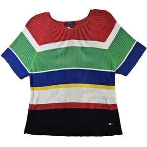 Vintage Tommy Hilfiger Ribbed Colorblock Sweater XL Short Sleeve Y2K Stripe